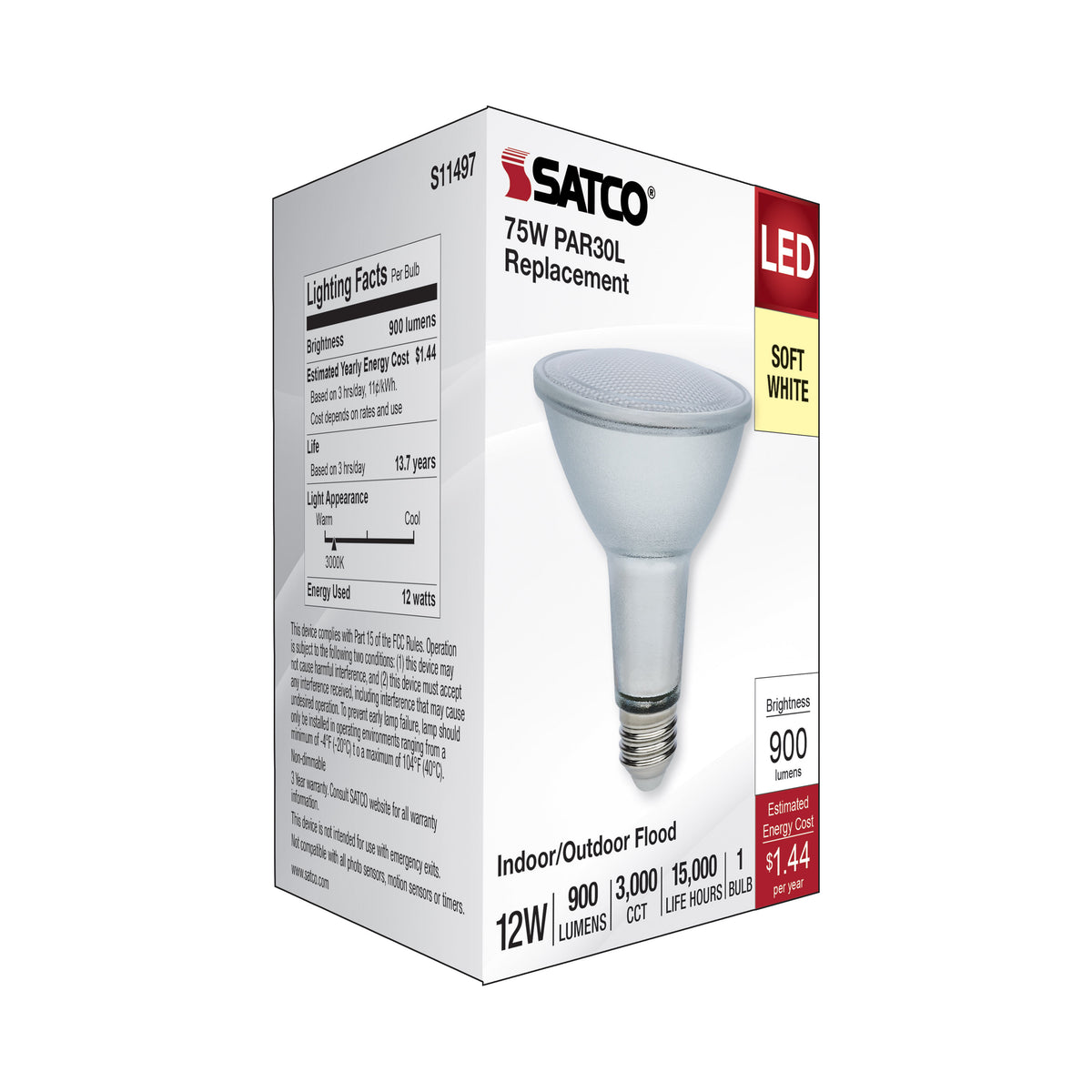 12 Watt Econo LED PAR30LN - 3000K - 35 Degree Beam Angle - Medium Base - 120-277 Volt - Silver Finish