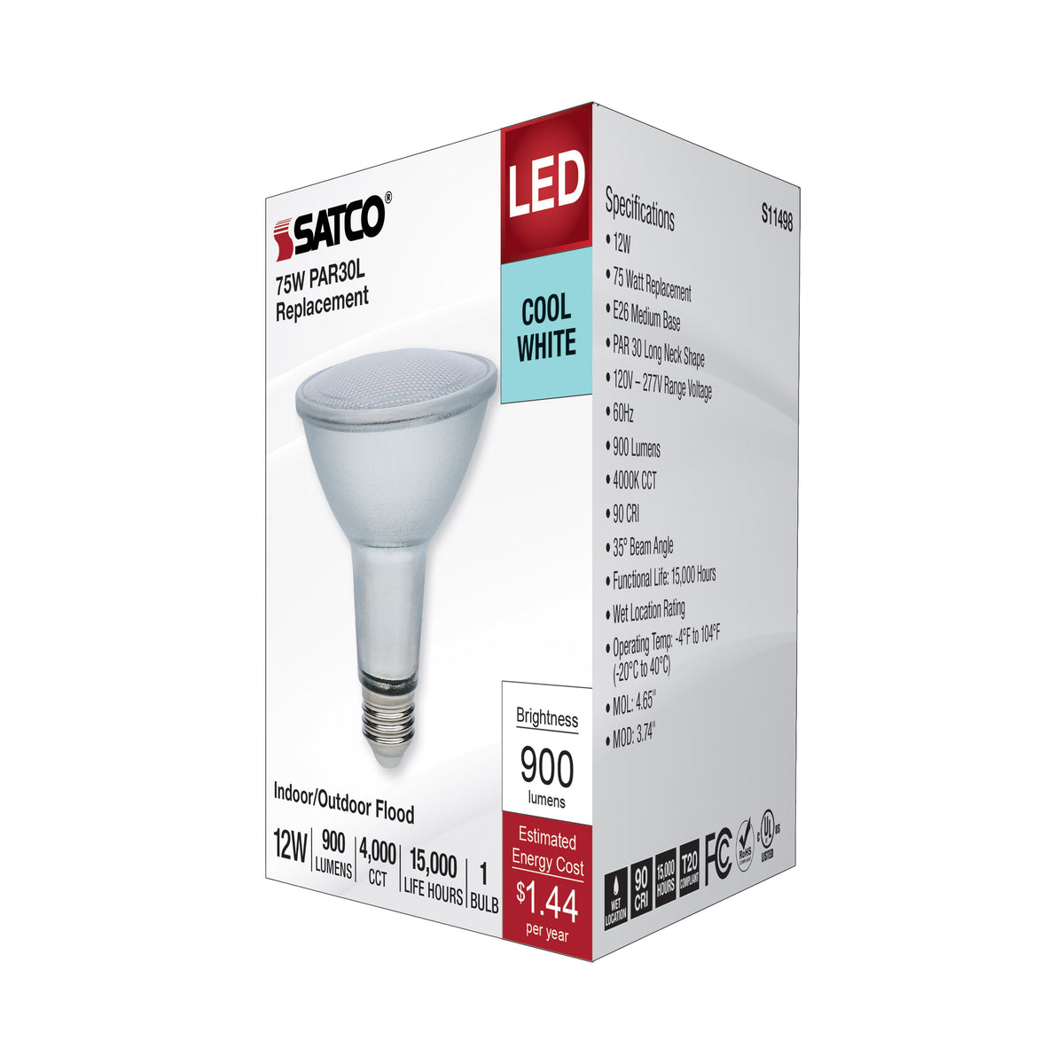 12 Watt Econo LED PAR30LN - 4000K - 35 Degree Beam Angle - Medium Base - 120-277 Volt - Silver Finish