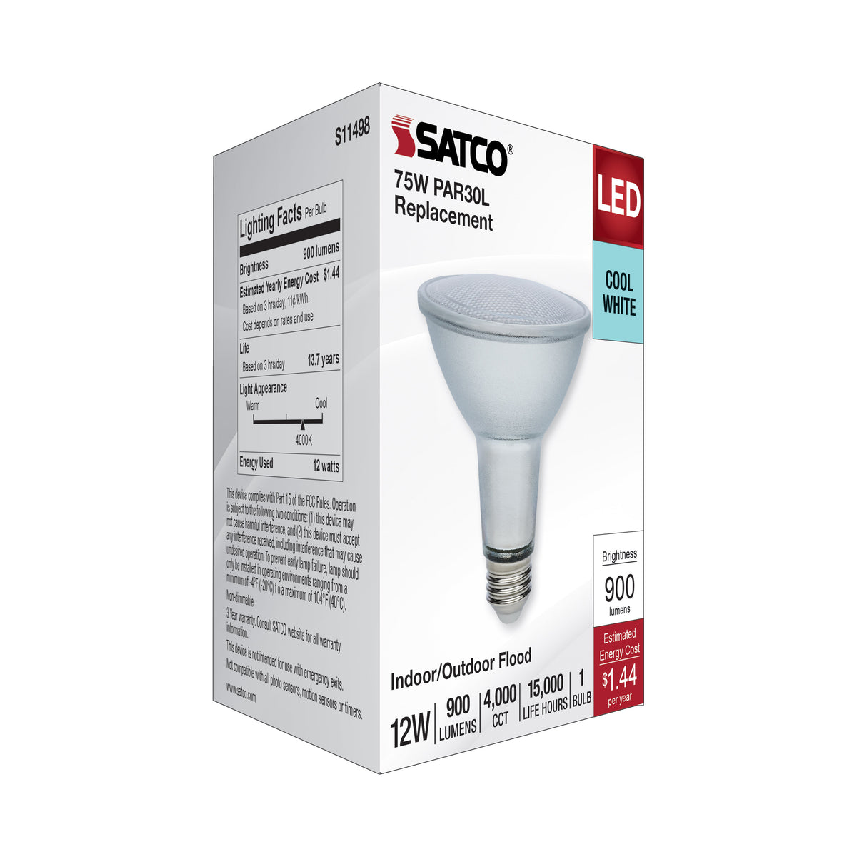 12 Watt Econo LED PAR30LN - 4000K - 35 Degree Beam Angle - Medium Base - 120-277 Volt - Silver Finish