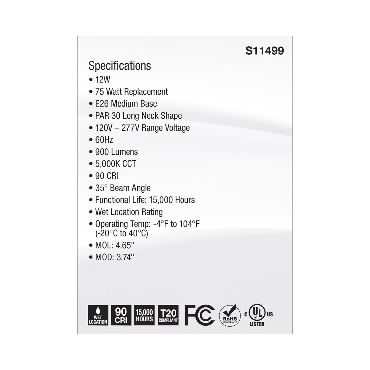 12 Watt Econo LED PAR30LN - 5000K - 35 Degree Beam Angle - Medium Base - 120-277 Volt - Silver Finish