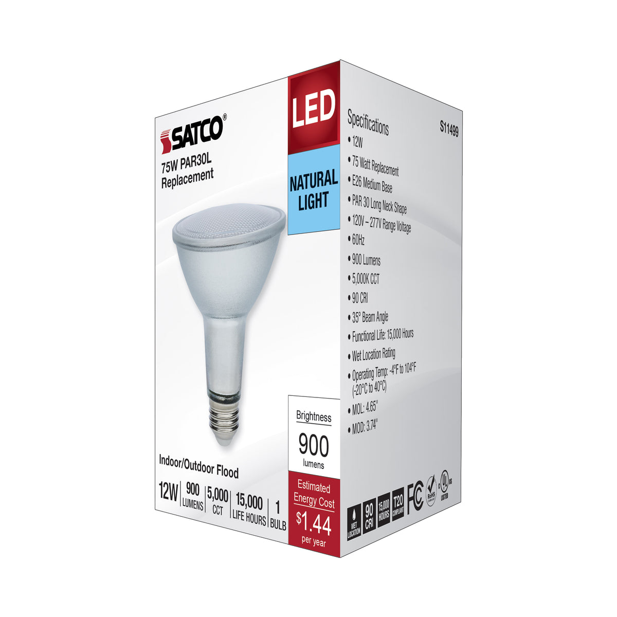 12 Watt Econo LED PAR30LN - 5000K - 35 Degree Beam Angle - Medium Base - 120-277 Volt - Silver Finish