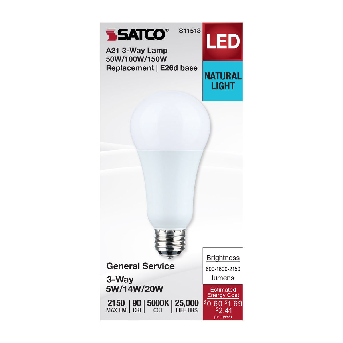5/14/20 Watt A21 LED - 3-Way Lamp - Frost Finish - 5000K CCT - Medium Double Contact Base - 120 Volt