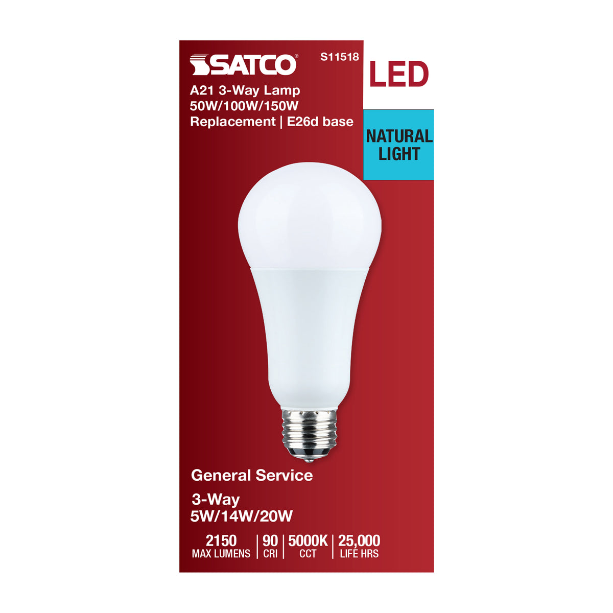 5/14/20 Watt A21 LED - 3-Way Lamp - Frost Finish - 5000K CCT - Medium Double Contact Base - 120 Volt