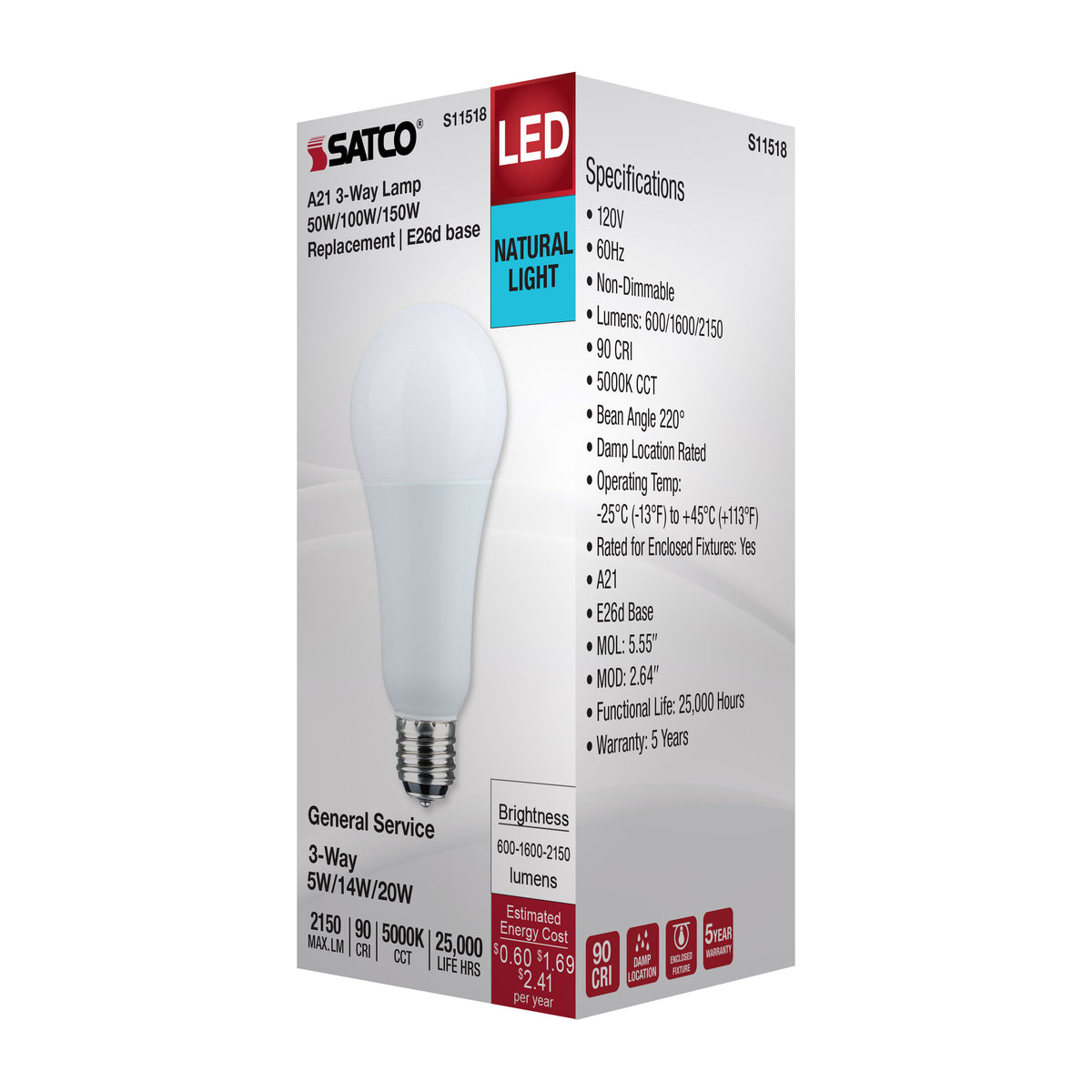 5/14/20 Watt A21 LED - 3-Way Lamp - Frost Finish - 5000K CCT - Medium Double Contact Base - 120 Volt