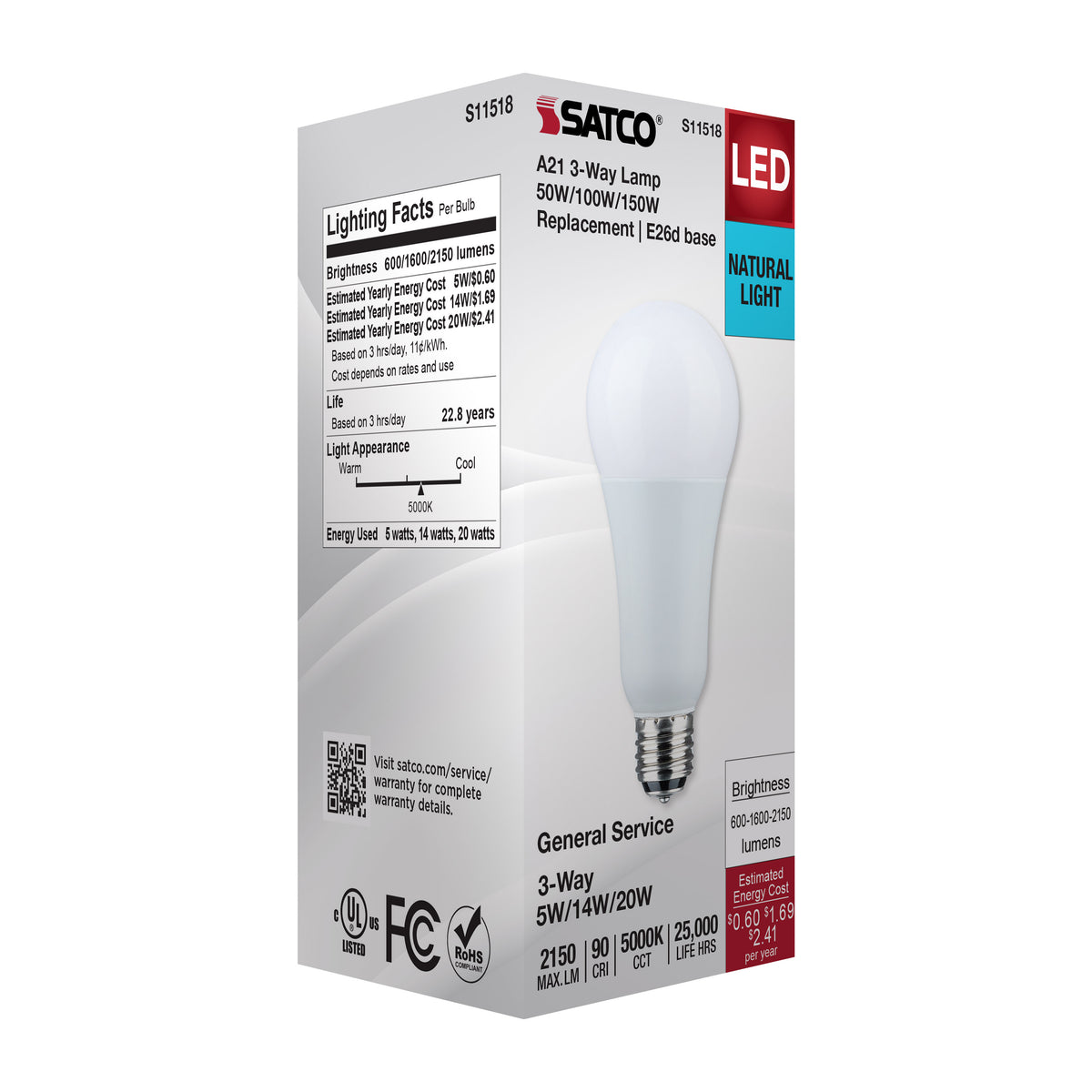 5/14/20 Watt A21 LED - 3-Way Lamp - Frost Finish - 5000K CCT - Medium Double Contact Base - 120 Volt