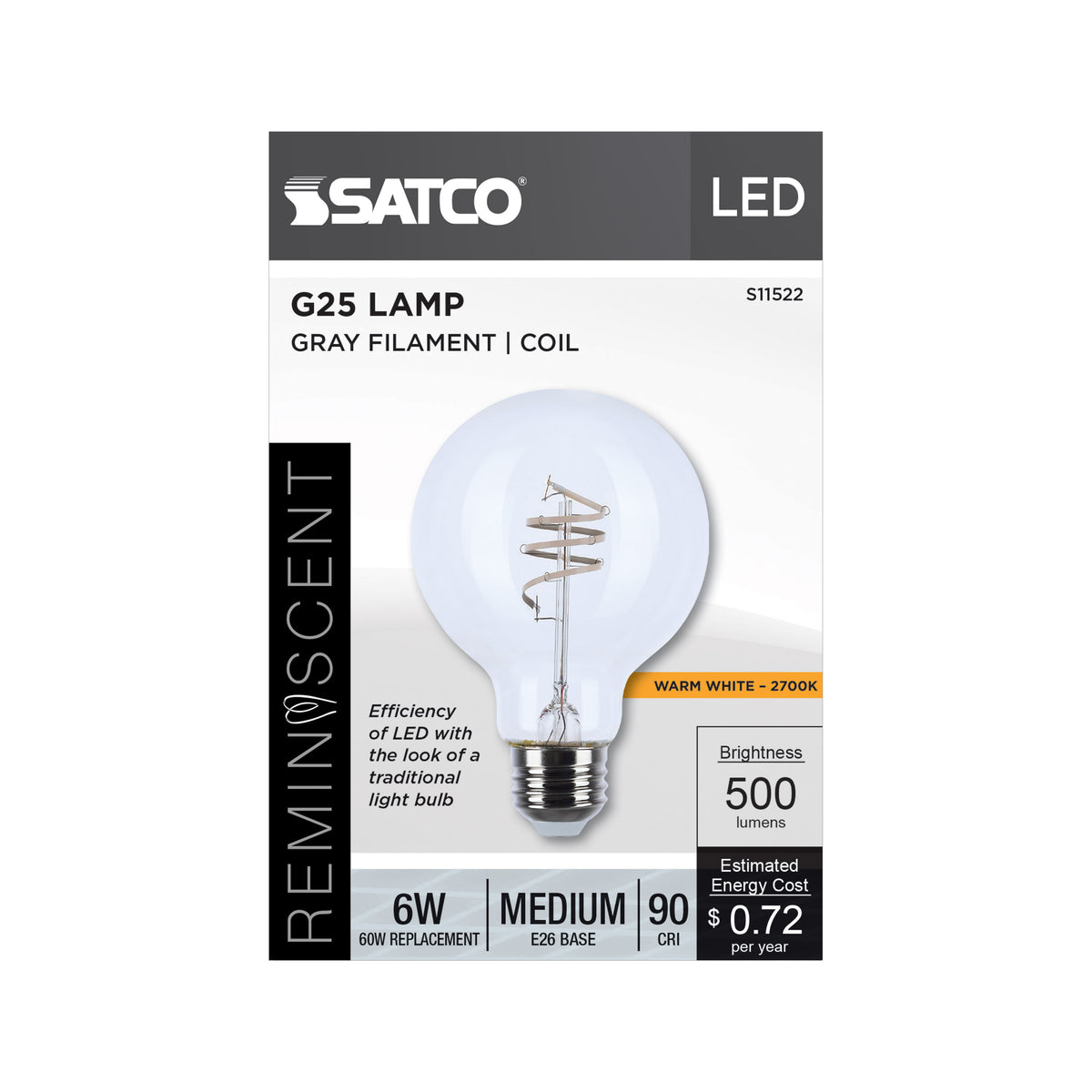 6 Watt LED - Reminiscent - Flex Gray Coil Filament - G25 - Medium Base - 2700K CCT - Clear - 120 Volt