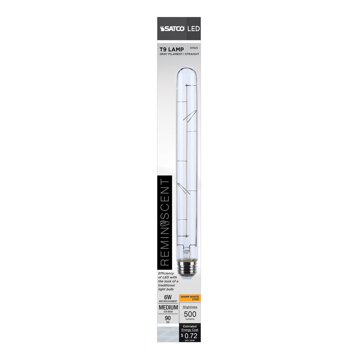 6 Watt LED - Reminiscent - Flex Gray Straight Filament - T9 - Medium Base - 2700K CCT - Clear - 120 Volt