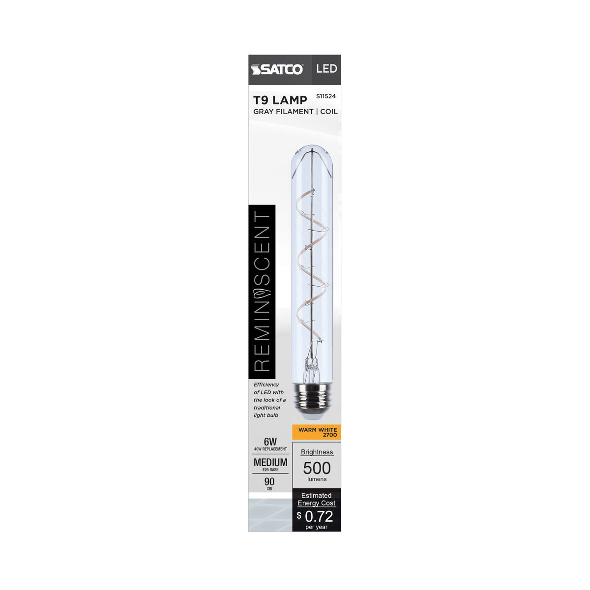 6 Watt LED - Reminiscent - Flex Gray Coil Filament - T9 - Medium Base - 2700K CCT - Clear - 120 Volt