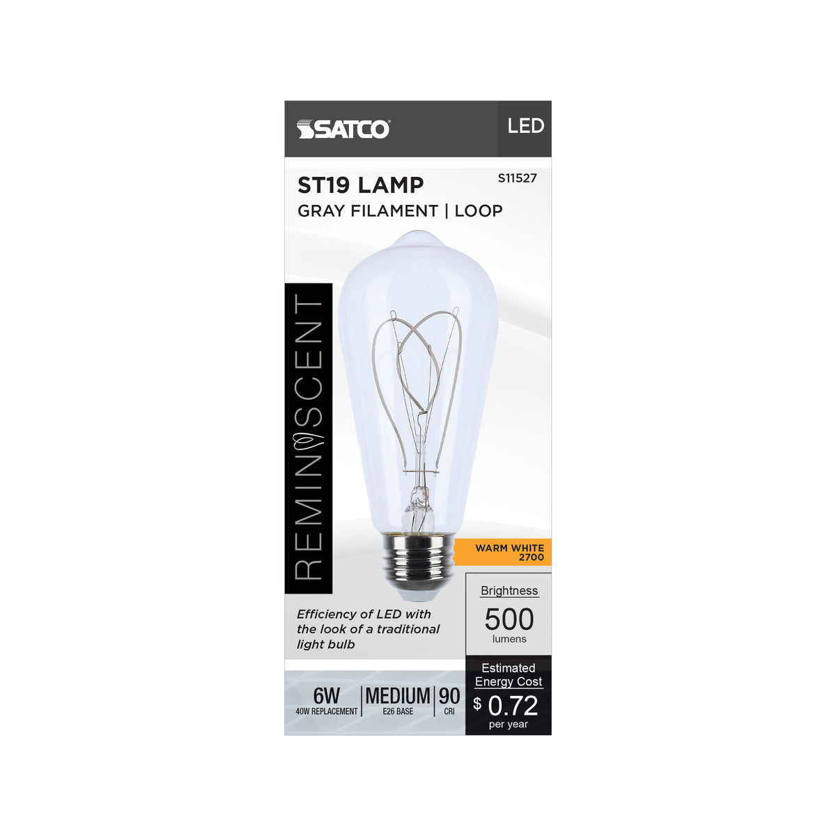 6 Watt LED - Reminiscent - Flex Gray Filament - ST19 Loop - Medium Base - 2700K CCT - Clear - 120 Volt