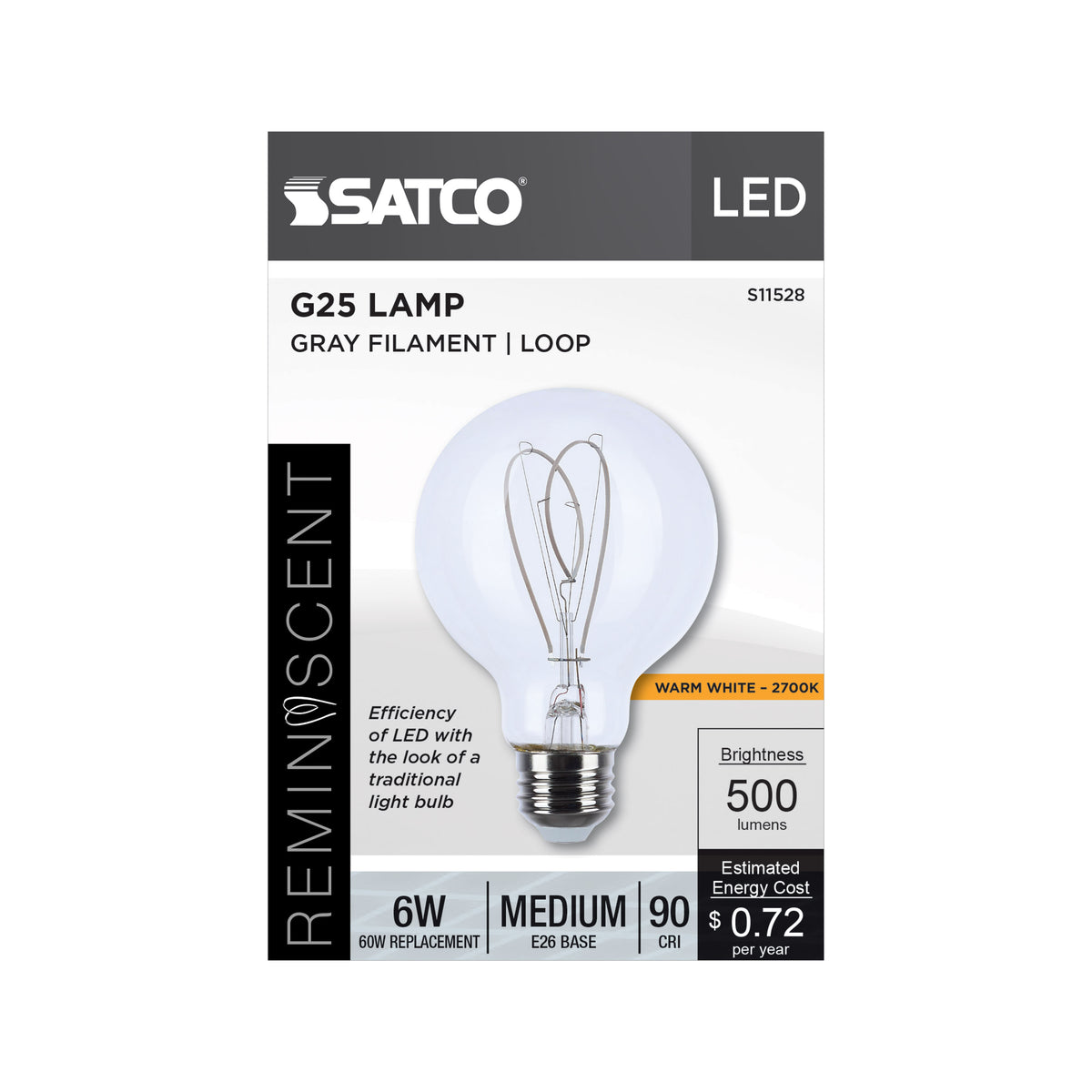 6 Watt LED - Reminiscent - Flex Gray Filament - G25 Loop - Medium Base - 2700K CCT - Clear - 120 Volt