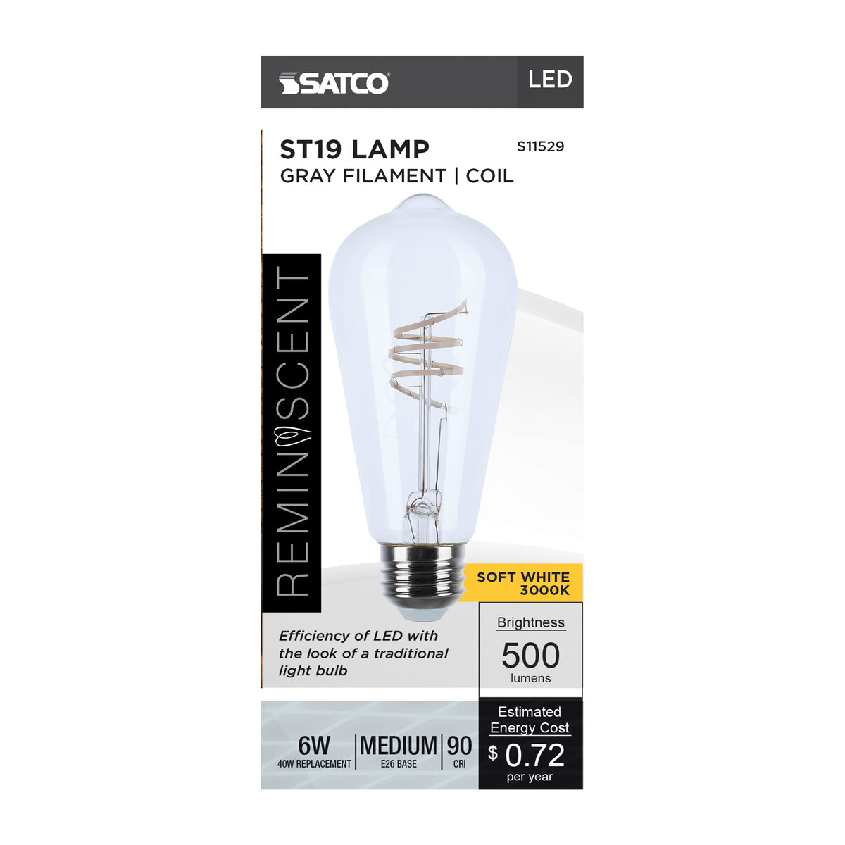 6 Watt ST19 LED - Reminiscent - Flex Gray Coil Filament - E26 - 3000K - 120 Volt