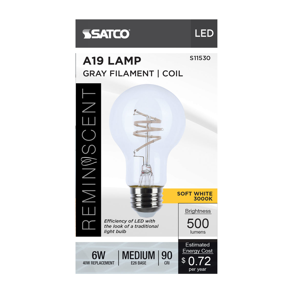 6 Watt A19 LED - Reminiscent - Flex Gray Coil Filament - E26 - 3000K - 120 Volt