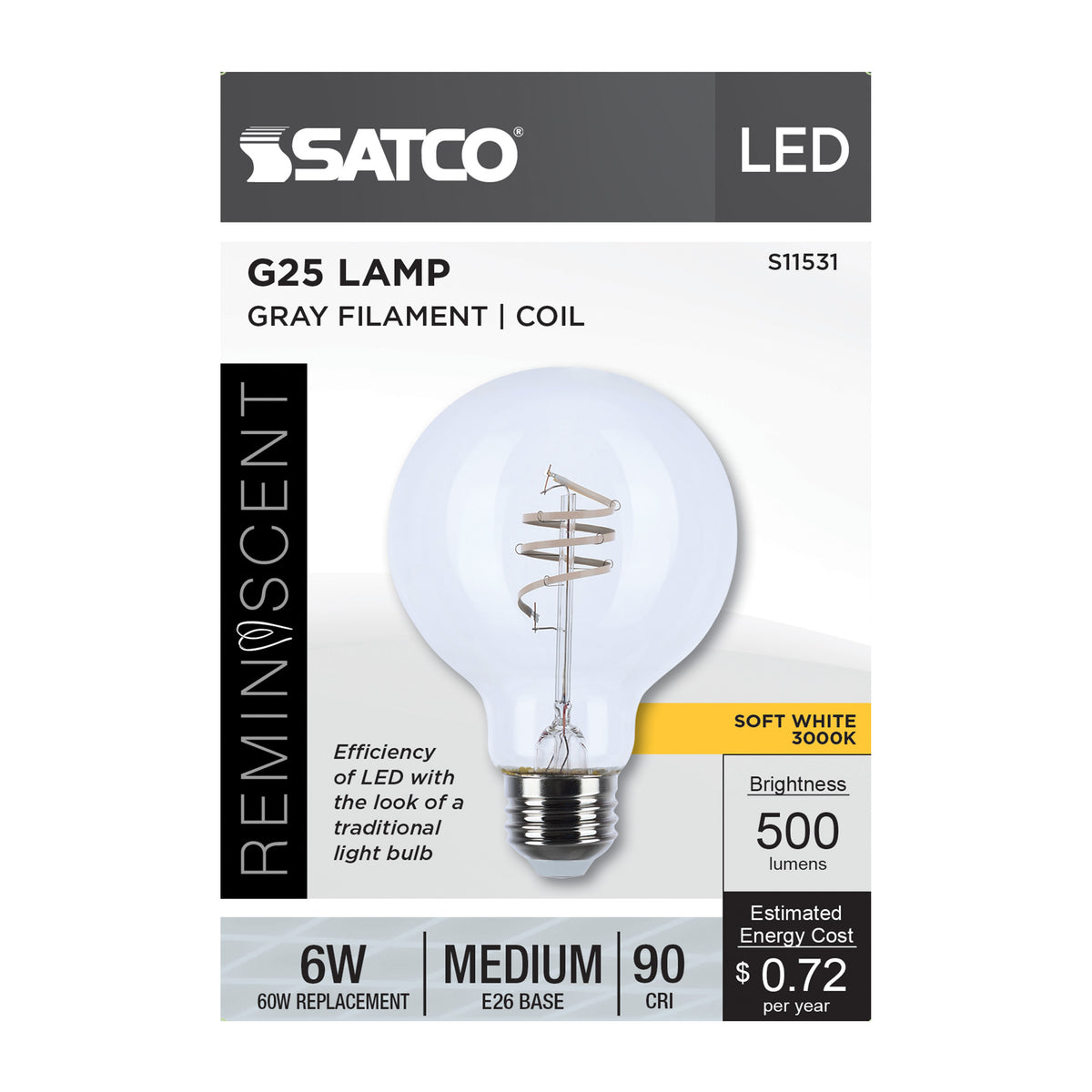 6 Watt G25 LED - Reminiscent - Flex Gray Coil Filament - E26 - 3000K - 120 Volt