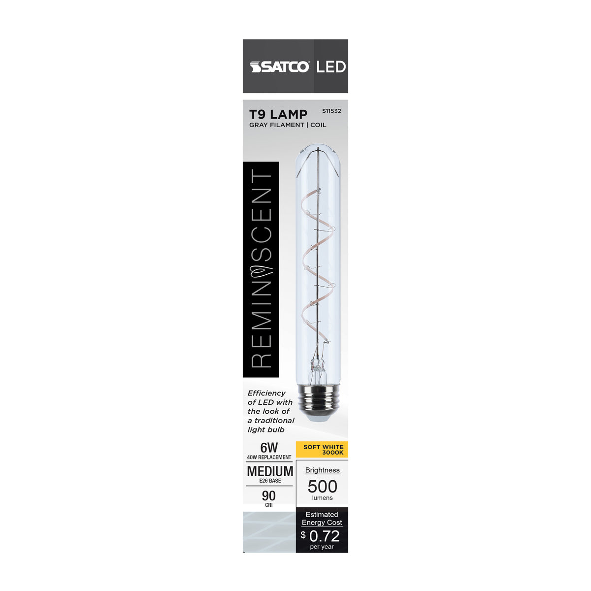 6 Watt T9 LED - Reminiscent - Flex Gray Coil Filament - E26 - 3000K - 120 Volt