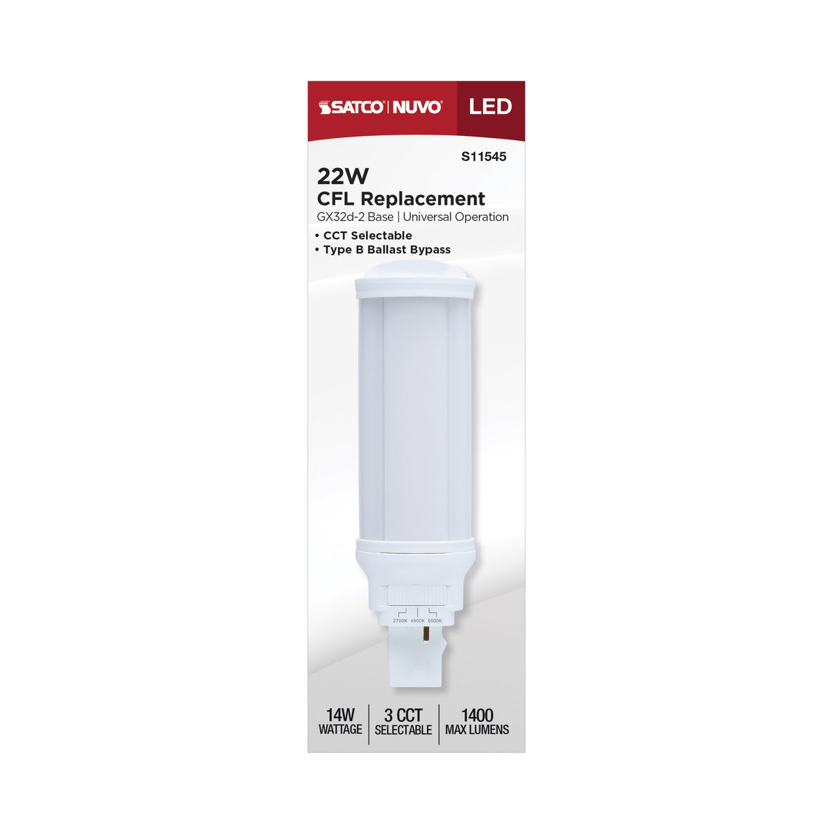 14 Watt LED PL - 27K/4K/5K CCT Selectable - GX32d-2 Base - 22W CFL Replacement - Type B Ballast Bypass - 120-277 Range Voltage