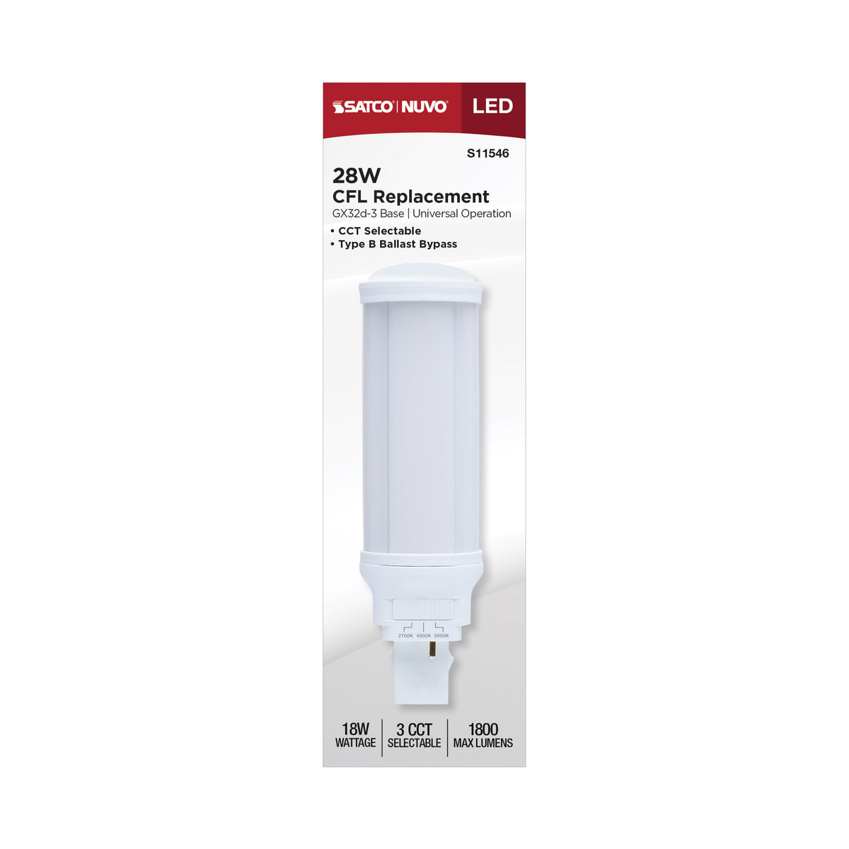18 Watt LED PL - 27K/4K/5K CCT Selectable - GX32d-3 Base - 28W CFL Replacement - Type B Ballast Bypass - 120-277 Range Voltage
