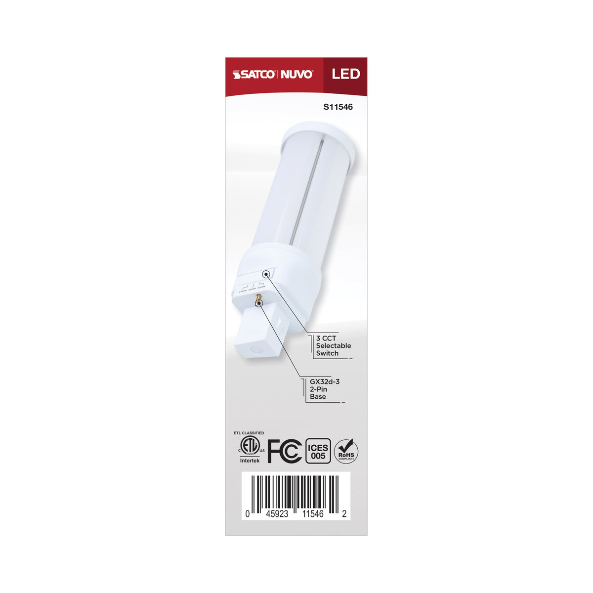 18 Watt LED PL - 27K/4K/5K CCT Selectable - GX32d-3 Base - 28W CFL Replacement - Type B Ballast Bypass - 120-277 Range Voltage
