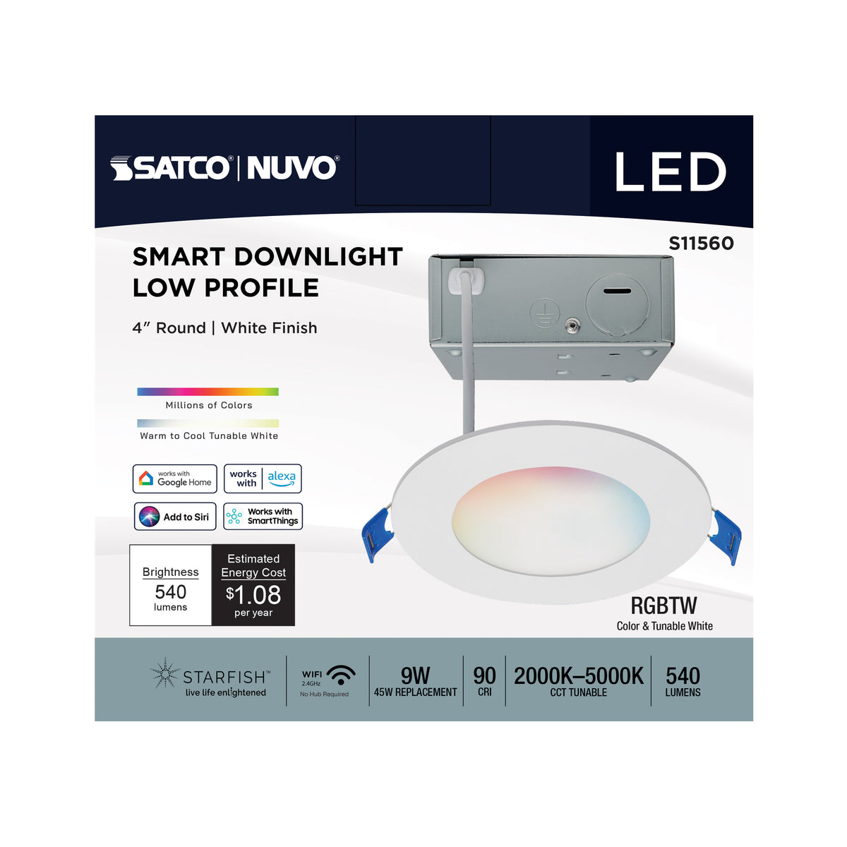 9 Watt - LED Direct Wire - Low Profile Downlight - 4 Inch Round - Starfish IOT - Tunable White and RGB - 120 Volt - 90 CRI - White Finish