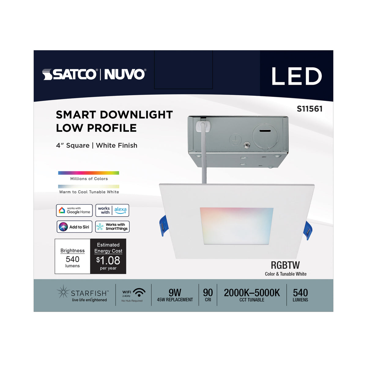 9 Watt - LED Direct Wire - Low Profile Downlight - 4 Inch Square - Starfish IOT - Tunable White and RGB - 120 Volt - 90 CRI - White Finish