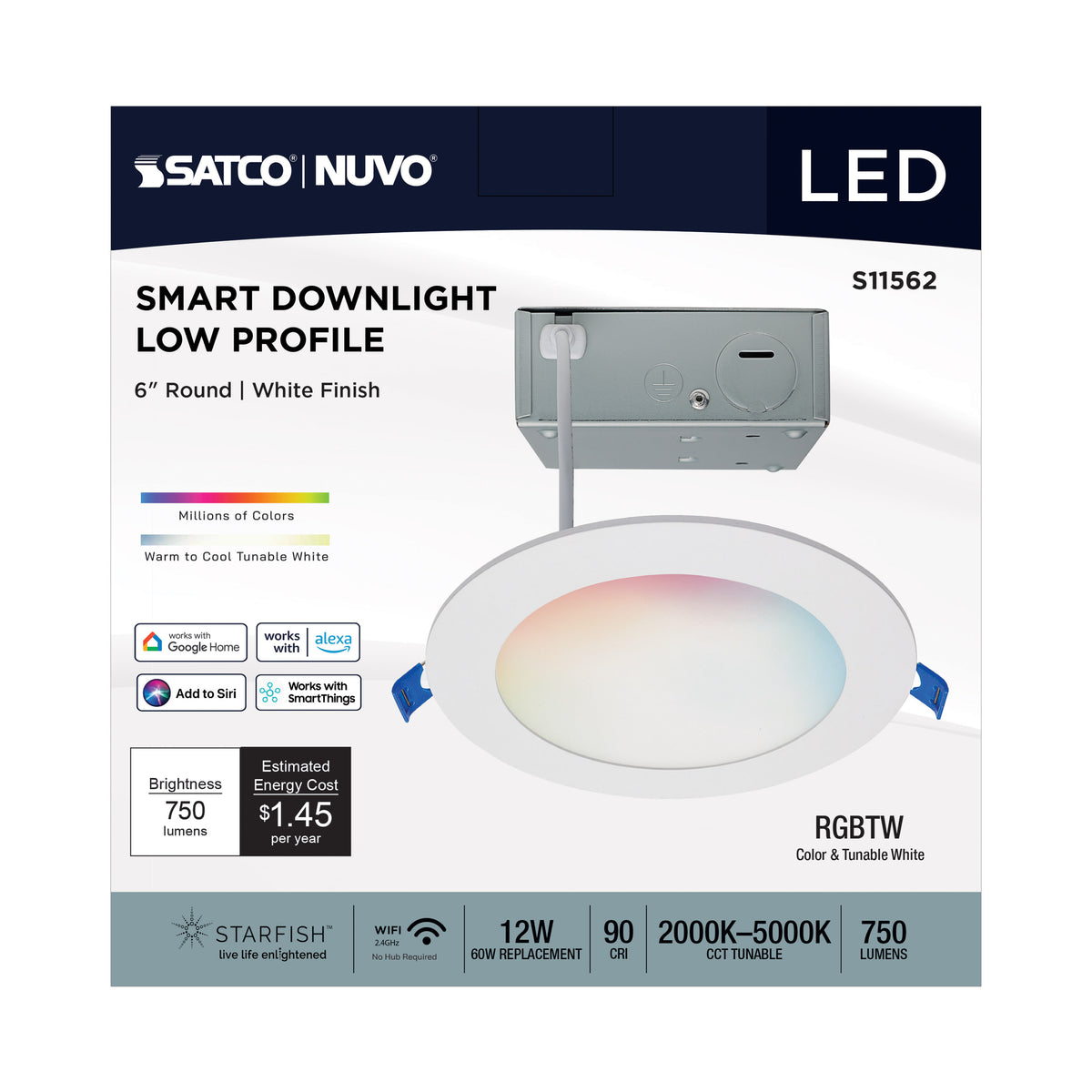 12 Watt - LED Direct Wire - Low Profile Downlight - 6 Inch Round - Starfish IOT - Tunable White and RGB - 120 Volt - 90 CRI - White Finish