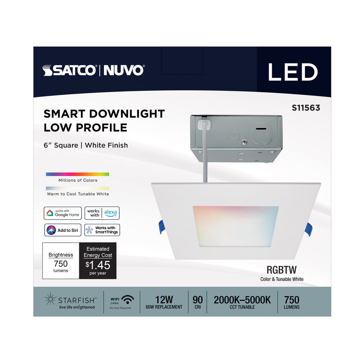 12 Watt - LED Direct Wire - Low Profile Downlight - 6 Inch Square - Starfish IOT - Tunable White and RGB - 120 Volt - 90 CRI - White Finish