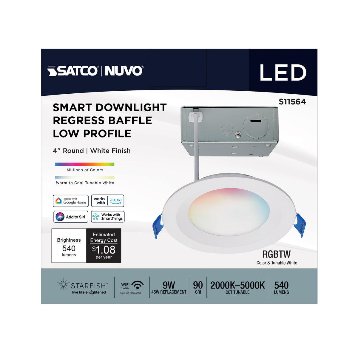 9 Watt - LED Direct Wire - Low Profile Regress Baffle Downlight - 4 Inch Round - Starfish IOT - Tunable White and RGB - 120 Volt - 90 CRI - White Finish