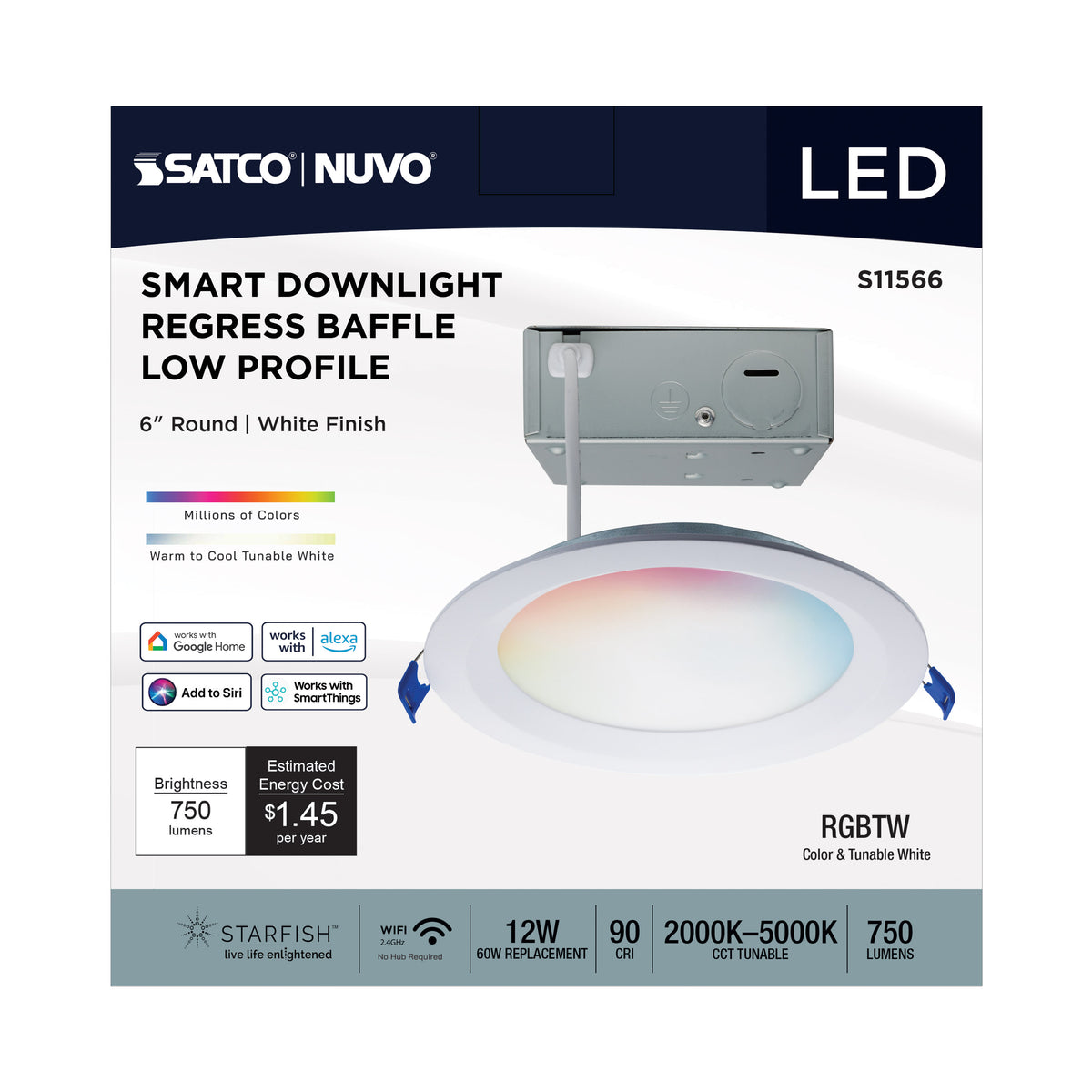 12 Watt - LED Direct Wire - Low Profile Regress Baffle Downlight - 6 Inch Round - Starfish IOT - Tunable White and RGB - 120 Volt - 90 CRI - White Finish