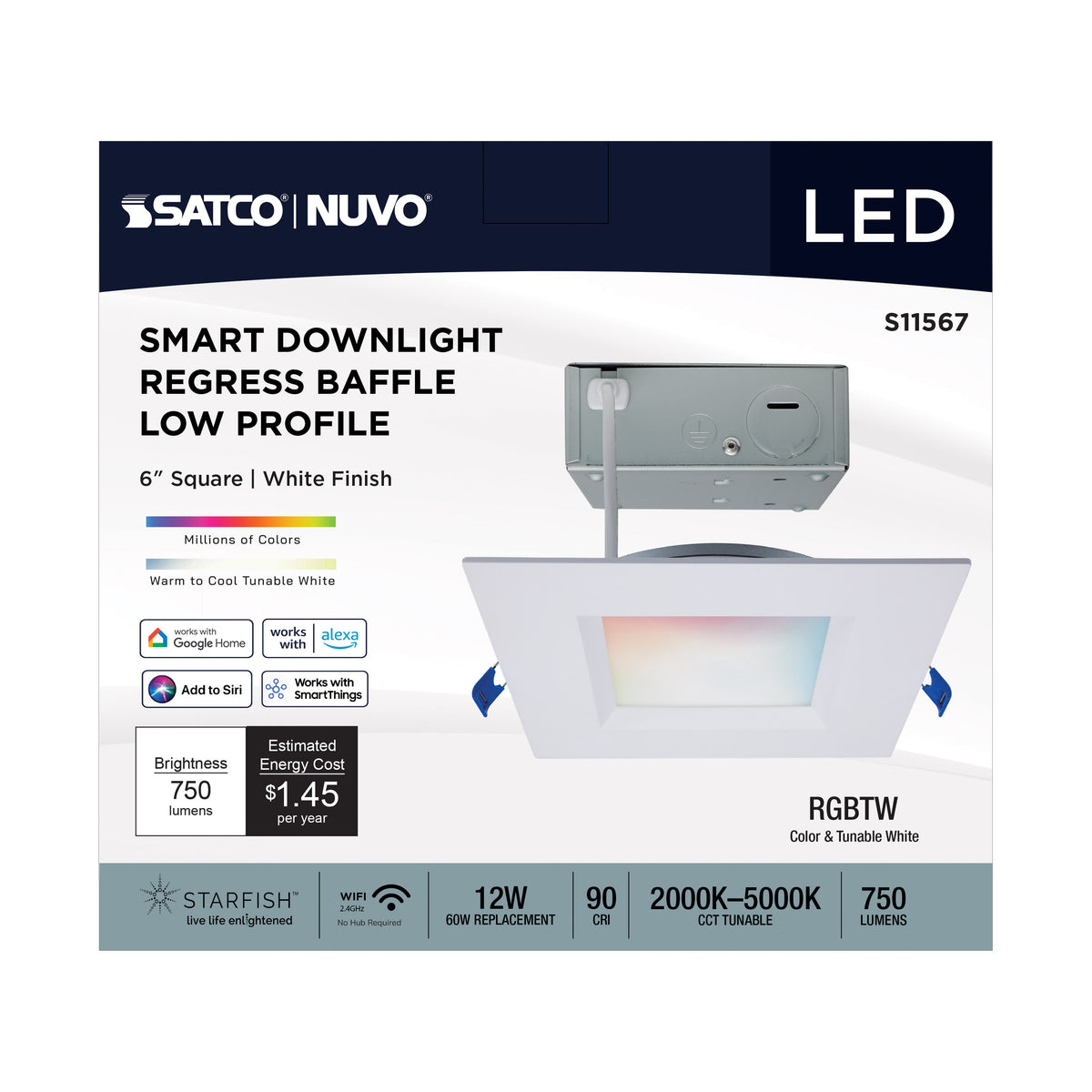 12 Watt - LED Direct Wire - Low Profile Regress Baffle Downlight - 6 Inch Square - Starfish IOT - Tunable White and RGB - 120 Volt - 90 CRI - White Finish