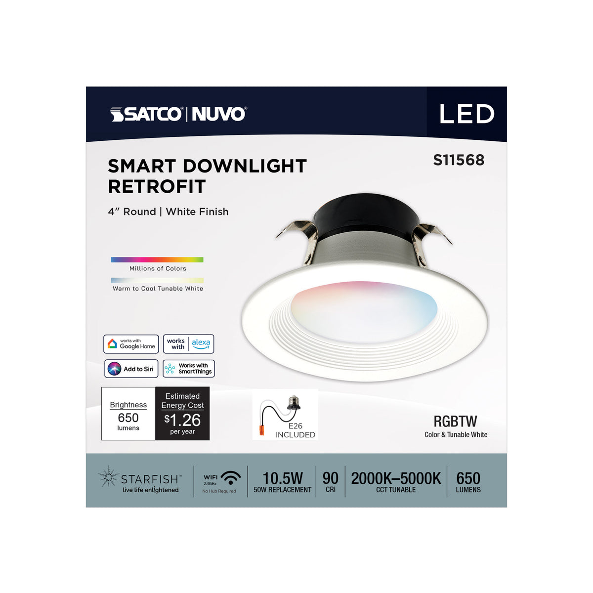 10.5 Watt - LED Retrofit Downlight - 4 Inch Round - Starfish IOT - RGB & Tunable White - 120 Volt - 90 CRI - White Finish