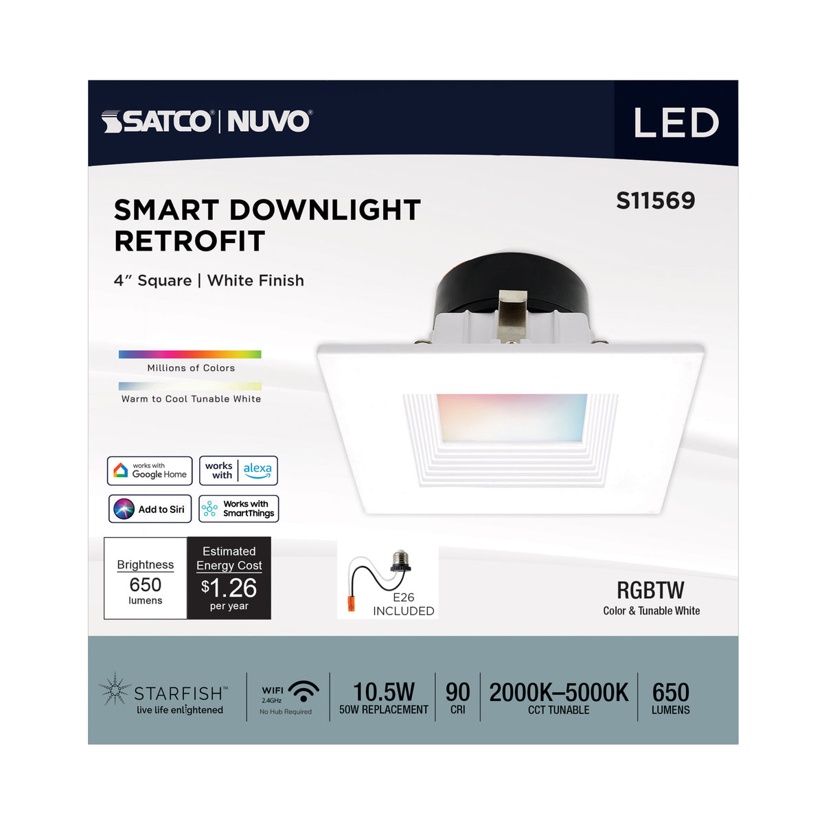 10.5 Watt - LED Retrofit Downlight - 4 Inch Square - Starfish IOT - RGB & Tunable White - 120 Volt - 90 CRI - White Finish