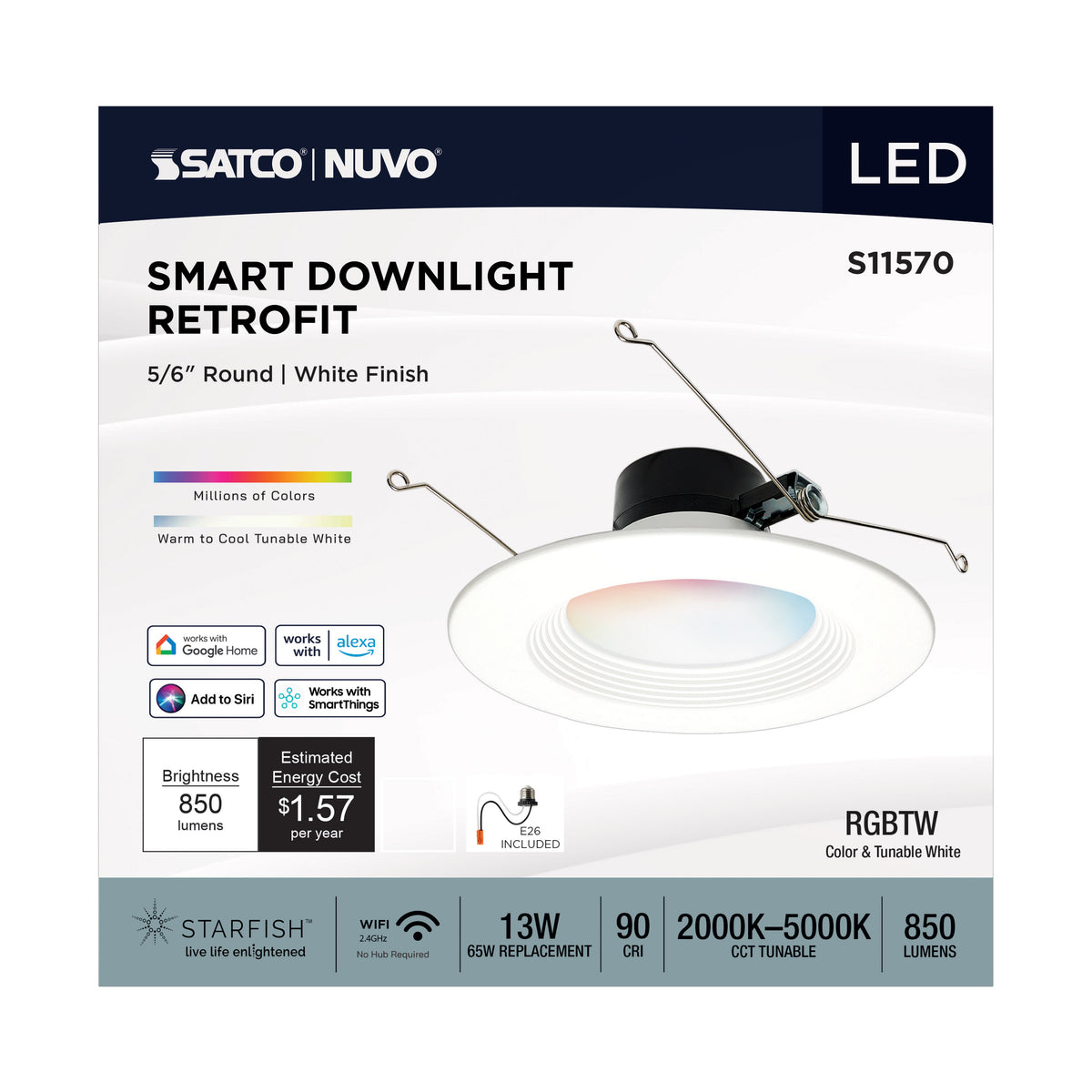 13 Watt - LED Retrofit Downlight - 5-6 Inch Round - Starfish IOT - RGB & Tunable White - 120 Volt - 90 CRI - White Finish