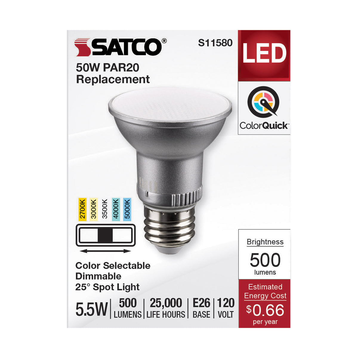 5.5 Watt PAR20 LED - Medium Base - Silver Finish - CCT Selectable - 120 Volt - 25 Degree Beam Angle