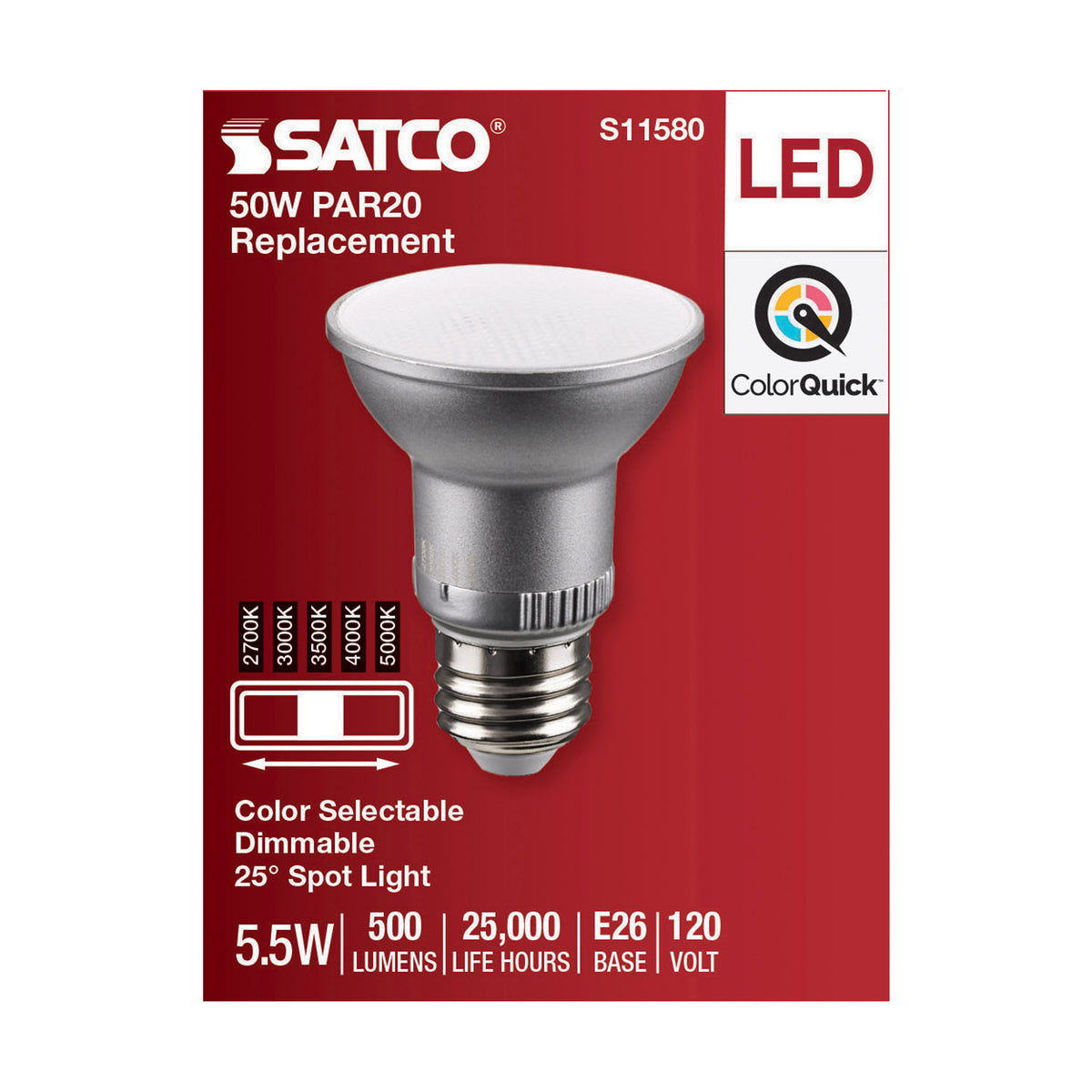 5.5 Watt PAR20 LED - Medium Base - Silver Finish - CCT Selectable - 120 Volt - 25 Degree Beam Angle