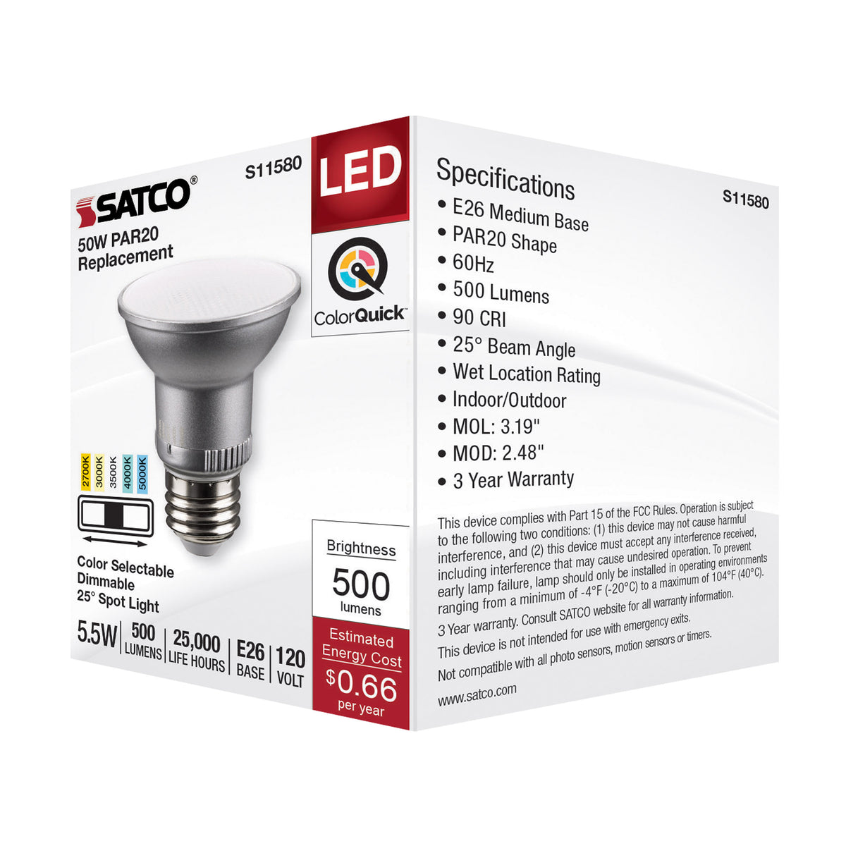 5.5 Watt PAR20 LED - Medium Base - Silver Finish - CCT Selectable - 120 Volt - 25 Degree Beam Angle