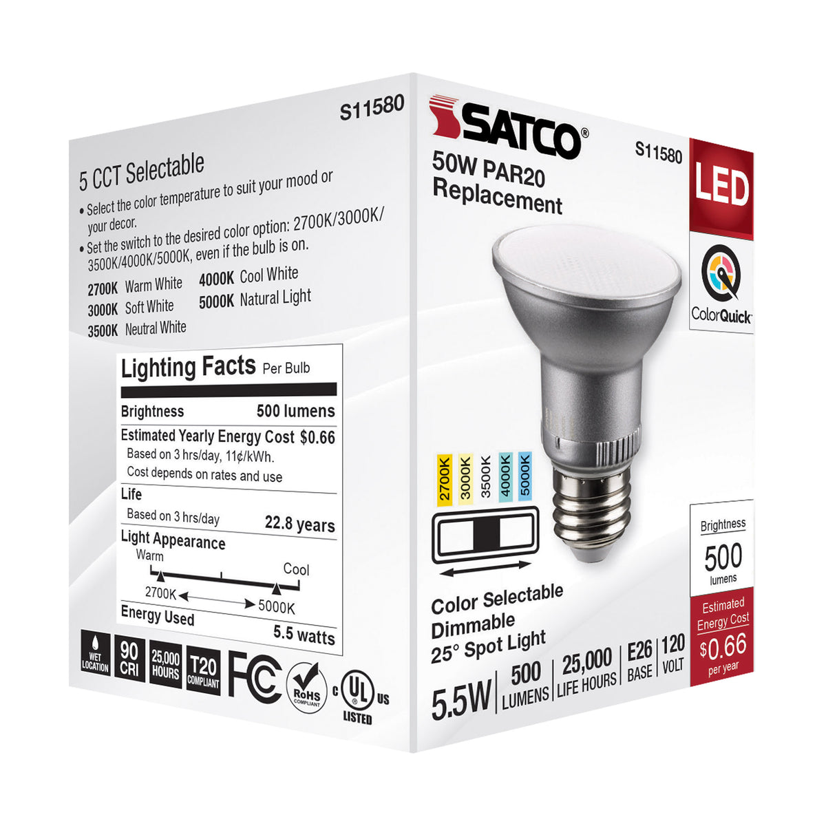 5.5 Watt PAR20 LED - Medium Base - Silver Finish - CCT Selectable - 120 Volt - 25 Degree Beam Angle