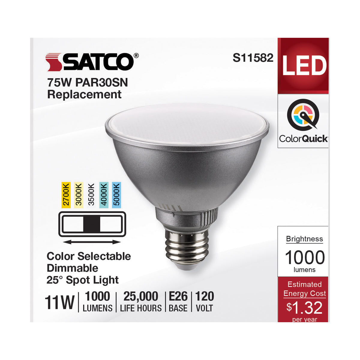 11 Watt PAR30SN LED - Medium Base - Silver Finish - CCT Selectable - 120 Volt - 25 Degree Beam Angle