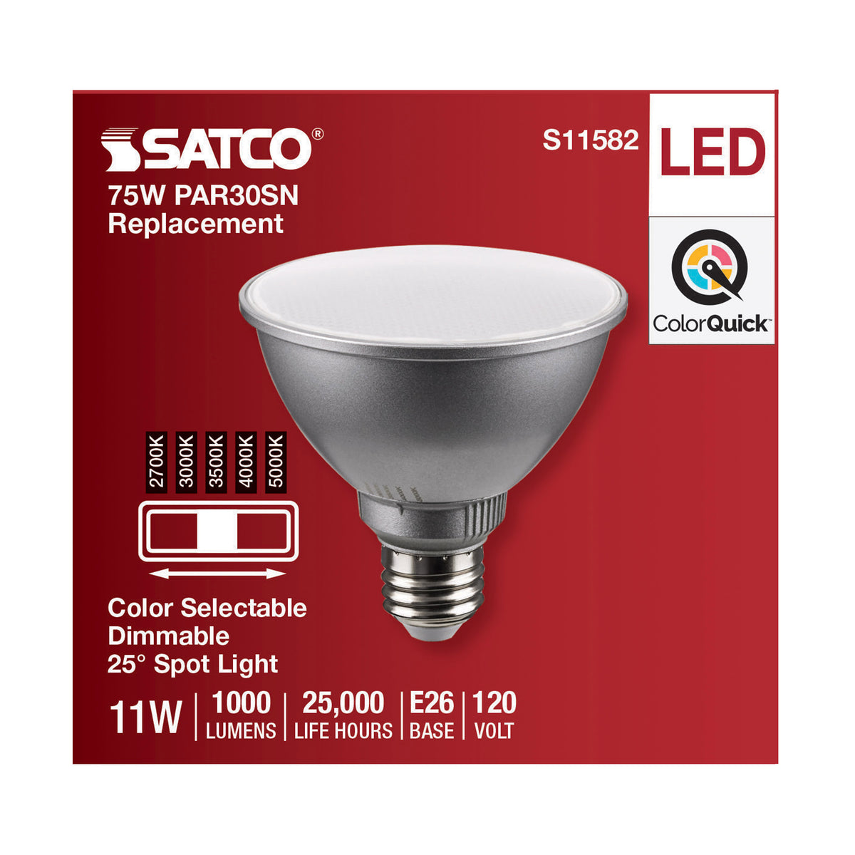 11 Watt PAR30SN LED - Medium Base - Silver Finish - CCT Selectable - 120 Volt - 25 Degree Beam Angle