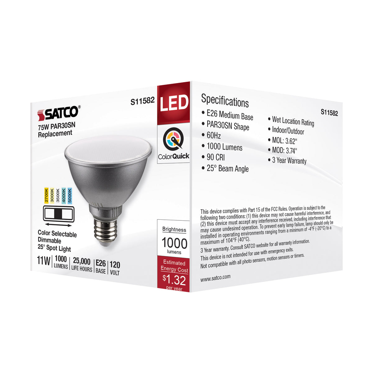 11 Watt PAR30SN LED - Medium Base - Silver Finish - CCT Selectable - 120 Volt - 25 Degree Beam Angle