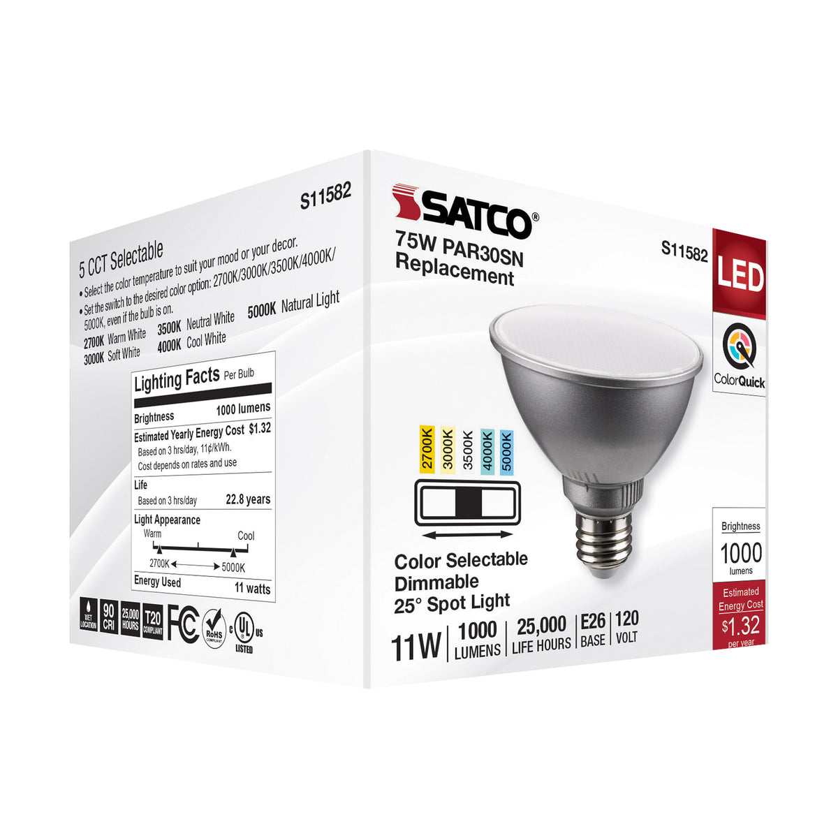 11 Watt PAR30SN LED - Medium Base - Silver Finish - CCT Selectable - 120 Volt - 25 Degree Beam Angle