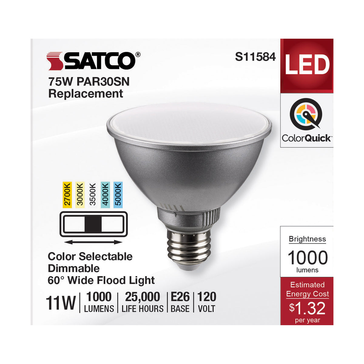 11 Watt PAR30SN LED - Medium Base - Silver Finish - CCT Selectable - 120 Volt - 60 Degree Beam Angle