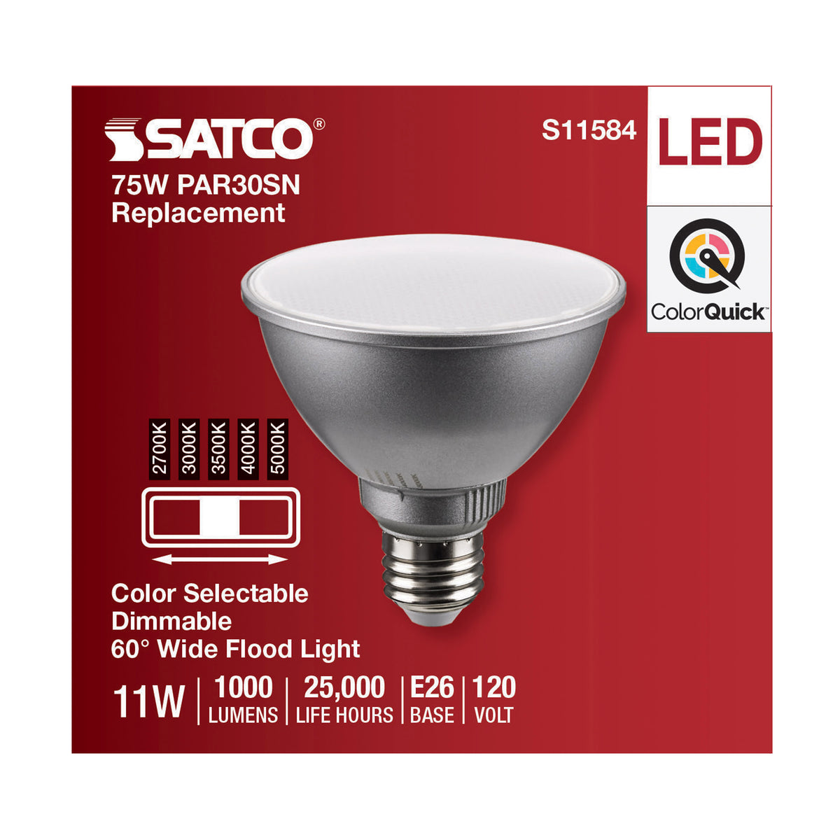 11 Watt PAR30SN LED - Medium Base - Silver Finish - CCT Selectable - 120 Volt - 60 Degree Beam Angle