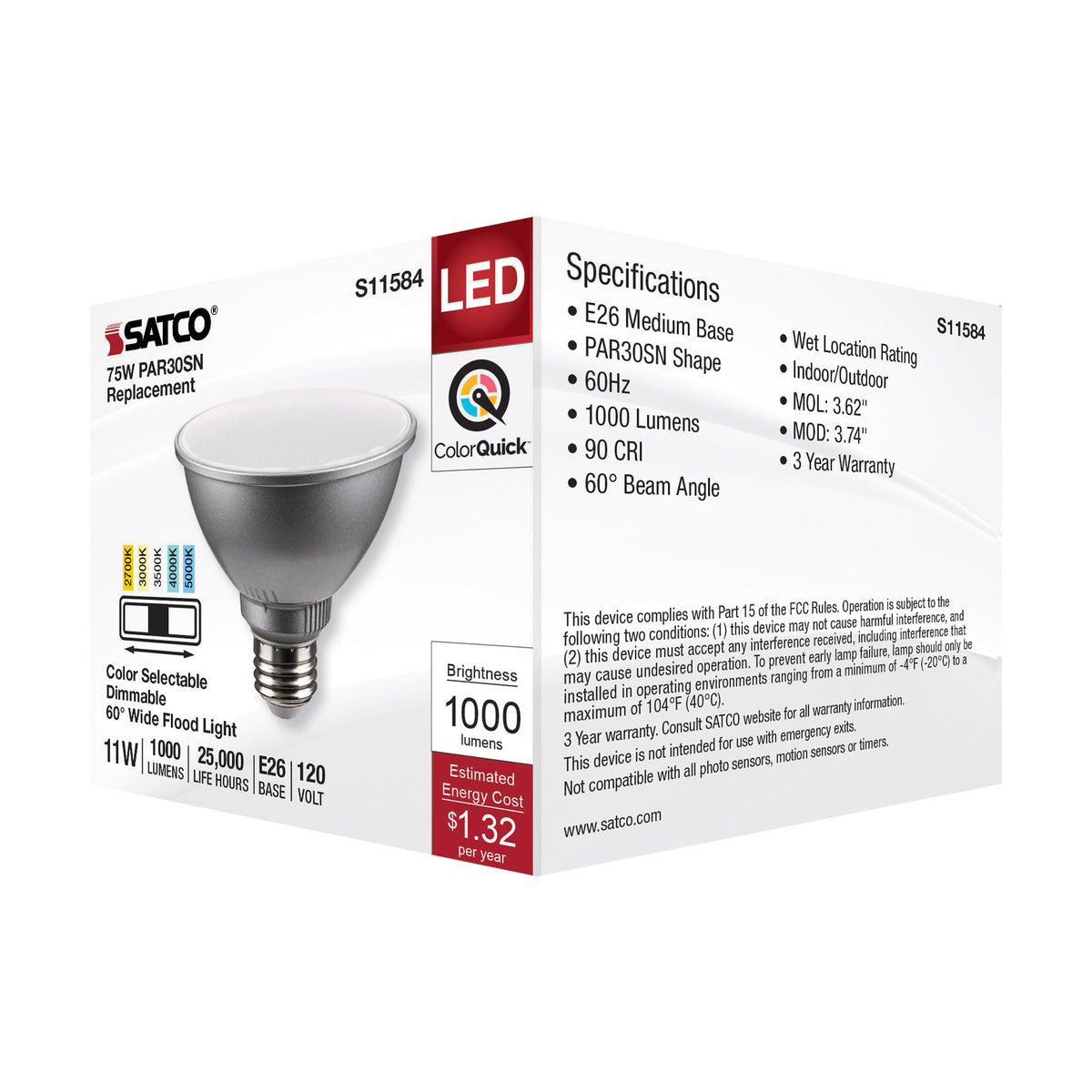 11 Watt PAR30SN LED - Medium Base - Silver Finish - CCT Selectable - 120 Volt - 60 Degree Beam Angle