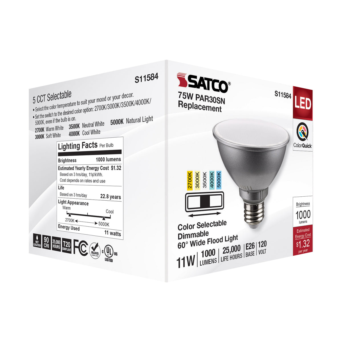 11 Watt PAR30SN LED - Medium Base - Silver Finish - CCT Selectable - 120 Volt - 60 Degree Beam Angle