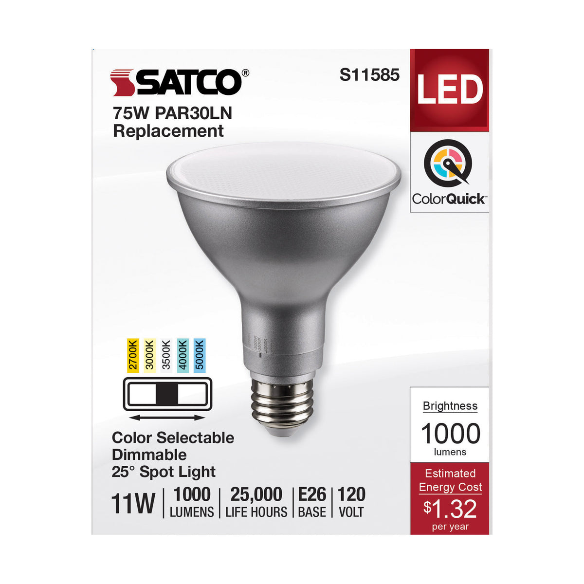 11 Watt PAR30LN LED - Medium Base - Silver Finish - CCT Selectable - 120 Volt - 25 Degree Beam Angle