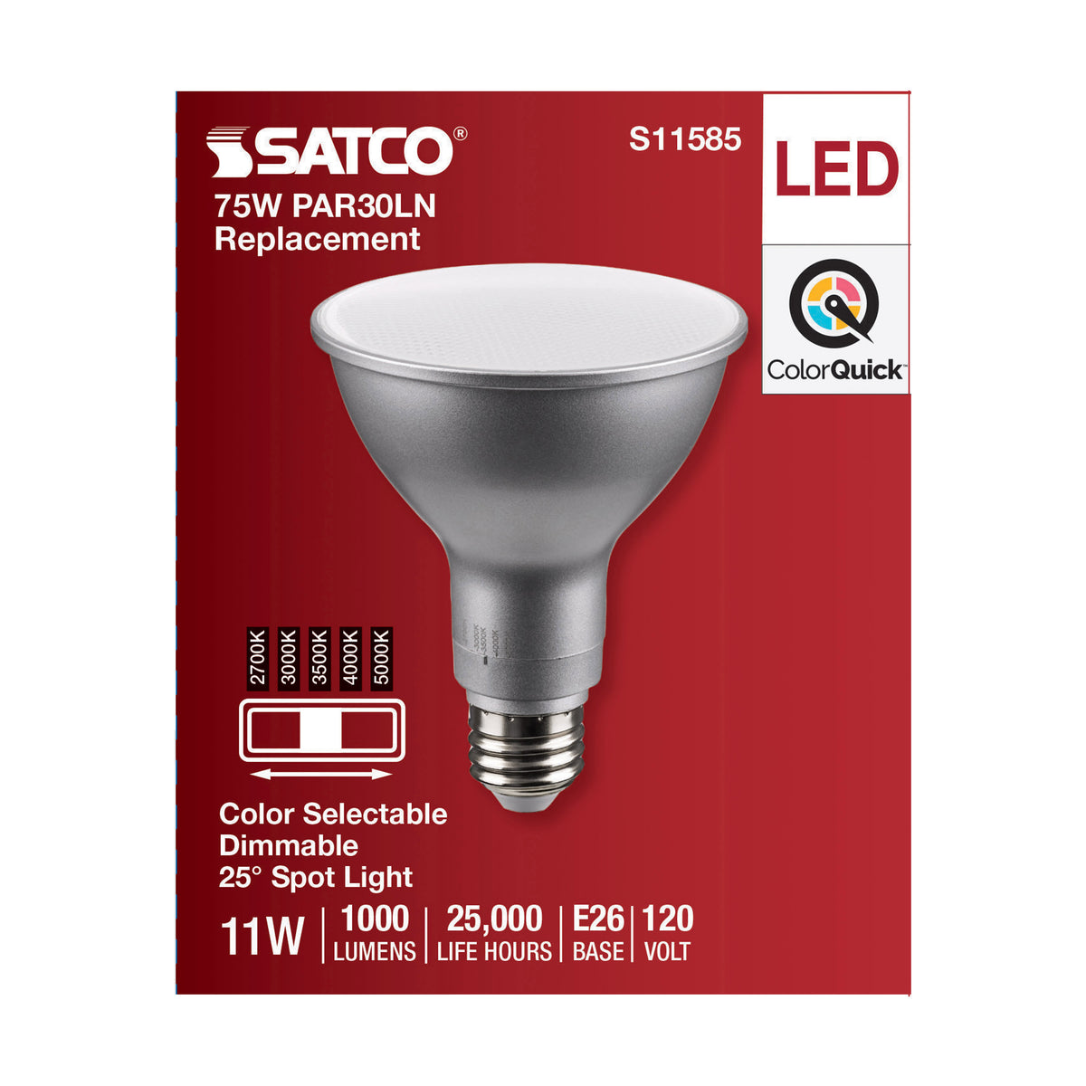 11 Watt PAR30LN LED - Medium Base - Silver Finish - CCT Selectable - 120 Volt - 25 Degree Beam Angle