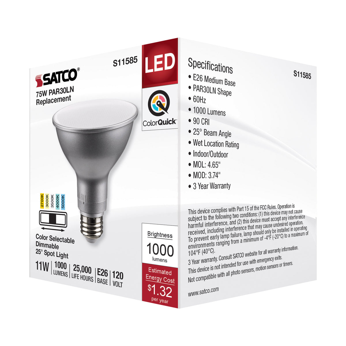 11 Watt PAR30LN LED - Medium Base - Silver Finish - CCT Selectable - 120 Volt - 25 Degree Beam Angle