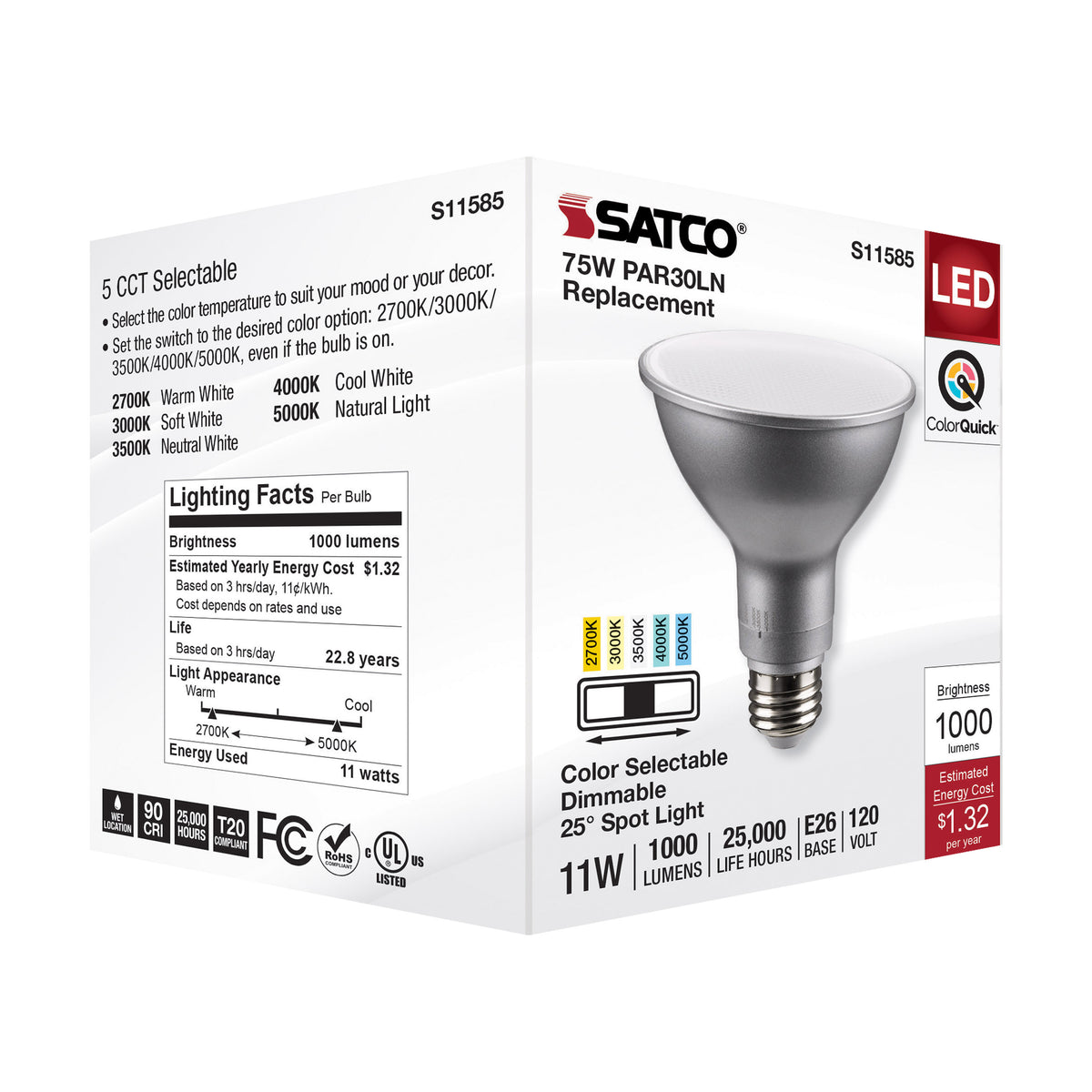 11 Watt PAR30LN LED - Medium Base - Silver Finish - CCT Selectable - 120 Volt - 25 Degree Beam Angle