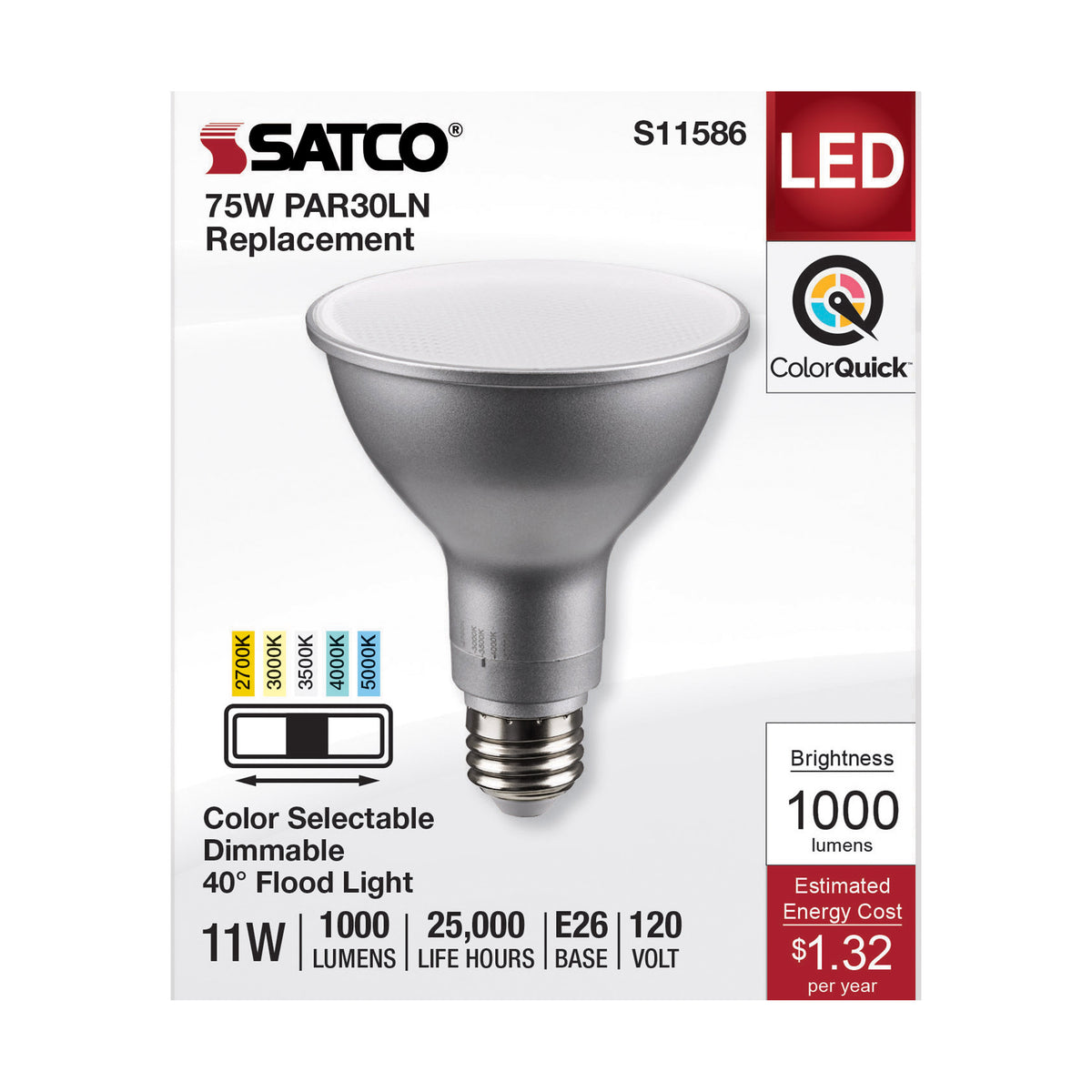 11 Watt PAR30LN LED - Medium Base - Silver Finish - CCT Selectable - 120 Volt - 40 Degree Beam Angle