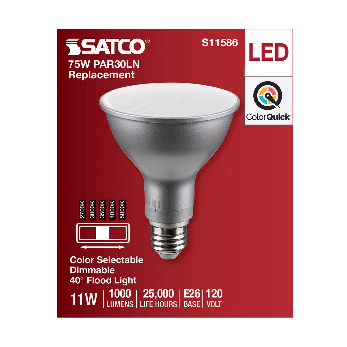 11 Watt PAR30LN LED - Medium Base - Silver Finish - CCT Selectable - 120 Volt - 40 Degree Beam Angle