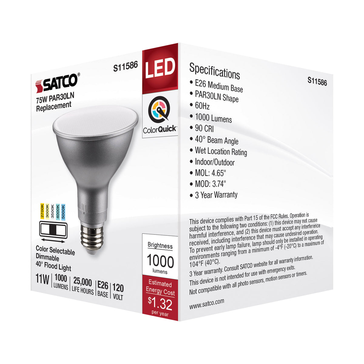 11 Watt PAR30LN LED - Medium Base - Silver Finish - CCT Selectable - 120 Volt - 40 Degree Beam Angle